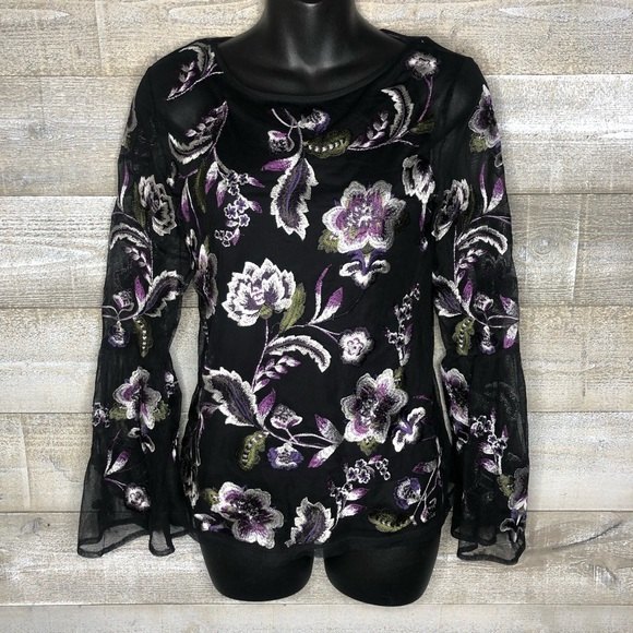 INC International Concepts PS Black Floral Embroidered Mesh Bell Sleeve Y2K top - Picture 2 of 6